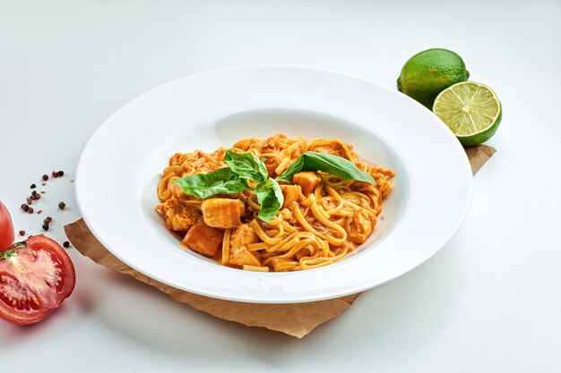 Massa italiana clássica (espaguete) com frutos do mar, salmão e molho vermelho em um prato branco sobre um prato branco