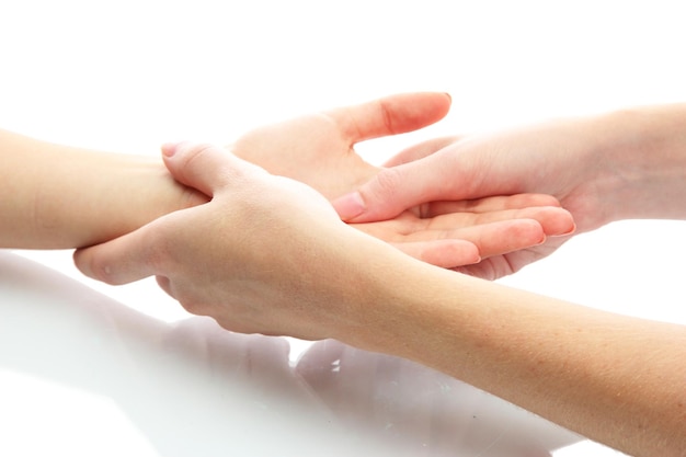 Massagem de mão isolada em branco