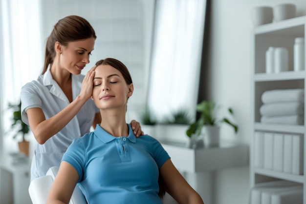 Foto massagem relaxante na cabeça num salão de beleza.