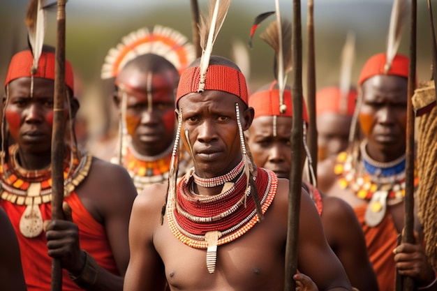 Massai-Krieger im traditionellen Stil mit Speeren und Schilden afrikanischer Kultur