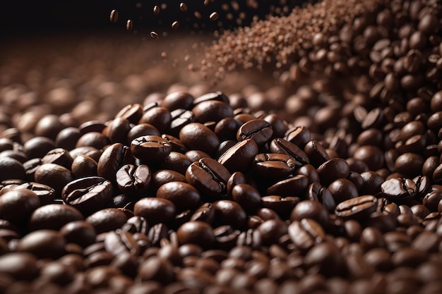 Massas de grãos de café recém-torrados sobem dos grãos de café inferiores espalhados no ar