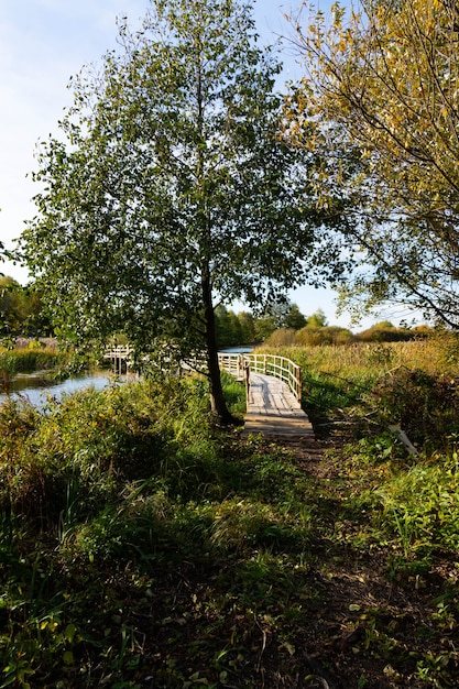 Maßgeschneiderte, hausgemachte Fußgängerbrücke über den Fluss. Herbstlandschaft.