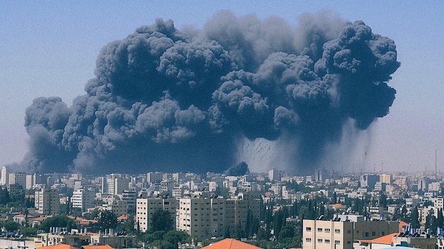 Massive Rauchwolke, die über einem Stadtbild nach einer Explosion aufsteigt. Hochwertiges Bild