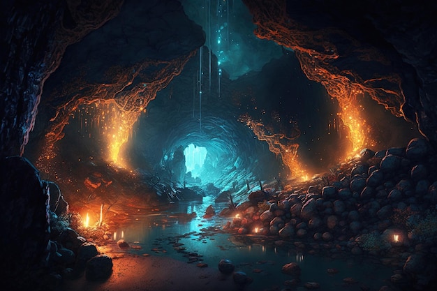 Massive unterirdische Höhle mit Lavafluss-Landschaftsillustration generativer ai