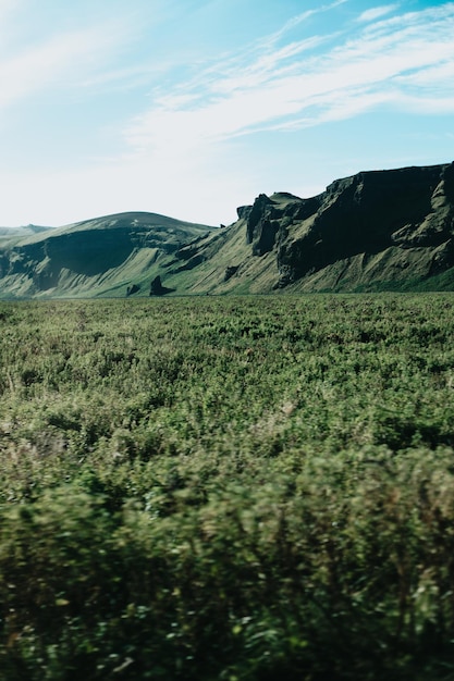 Massiver grüner Berg auf Island Blick von der Straße während einer Reise durch isländische Wildnisgebiete Boho Backpacking Reisen Stil Natur Hintergrundkonzept Buntes Szenario