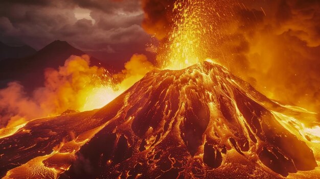 Foto massiver vulkanischer berg, aus dem lava ausbricht