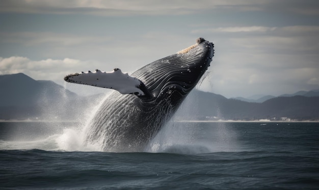 Massiver Wal, der in einer dramatischen Darstellung durch die Luft schwebt, der mit generativen KI-Tools erstellt wird