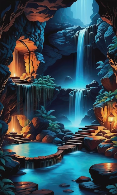 Massives Spa in einer nassen Höhle Wasserfall blaue Beleuchtung