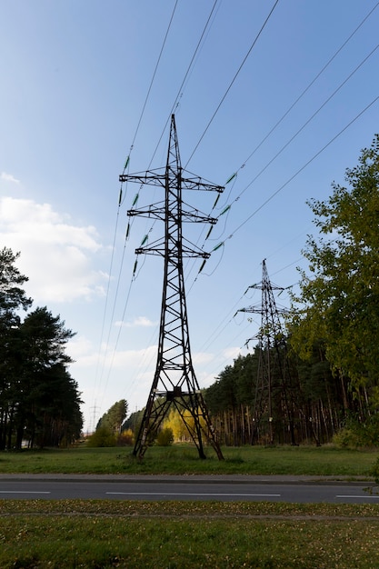 Masten und Drähte von Hochspannungsstrom auf einer grünen Wiese und Waldbäumen gegen den blauen Himmel. Foto in hoher Qualität