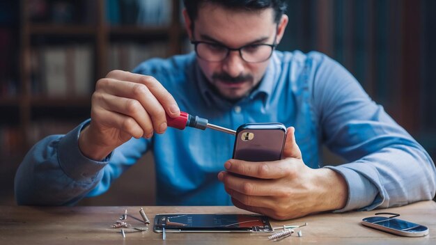 Master nutzt den Treiber, um Schrauben in den elektronischen Platten des Smartphones zu entschrauben, um es in Nahaufnahme zu reparieren