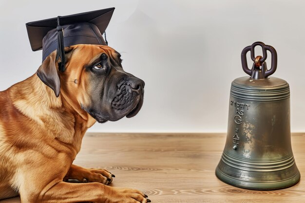 Mastiff con una gorra de graduación colocado junto a una campana de la escuela