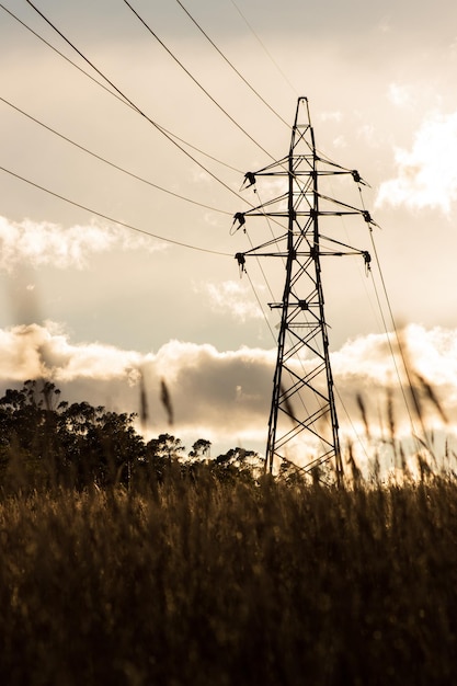 Mastro de eletricidade no campo contra o céu nublado