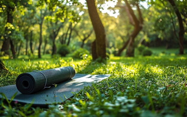 Mat de ioga colocado em um terreno gramado cercado de árvores