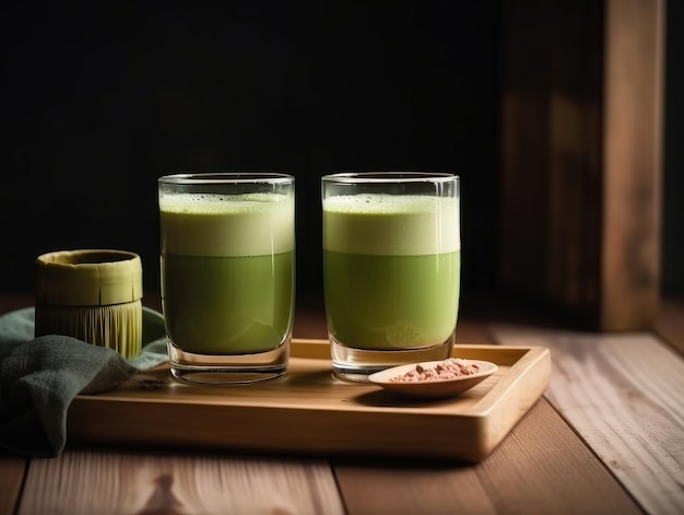 Foto matcha im glas auf holztablett japanische getränke generative ai