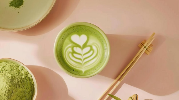 Un matcha latte con un corazón hecho con arte latte