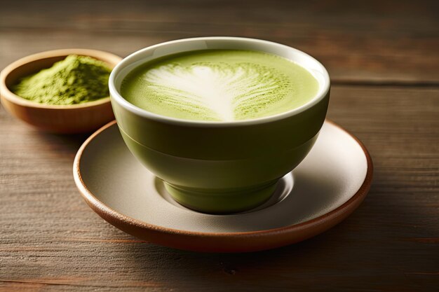 Foto matcha latte e pó em mesa de madeira