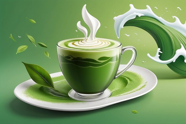 Foto matcha latte instantâneo com folhas de chá voadoras e padrão de onda verde de fundo com palavras kanji japonesas matcha e sabor rico