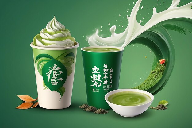 Foto matcha latte instantâneo com folhas de chá voadoras e padrão de onda verde de fundo com palavras kanji japonesas matcha e sabor rico