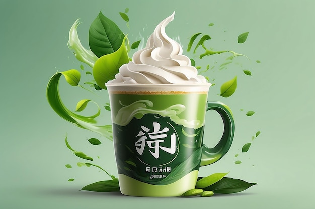 Foto matcha latte instantâneo com folhas de chá voadoras e padrão de onda verde de fundo com palavras kanji japonesas matcha e sabor rico