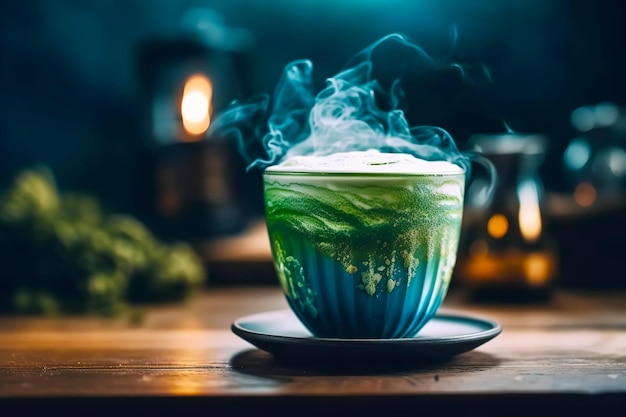 Matcha-Latte-Kaffee in Glastasse mit Schlagsahne Generative KI-Illustration