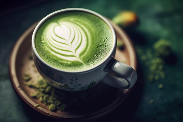 Matcha latte taza de bebida matutina hoja de leche café arte nutrición generar Ai