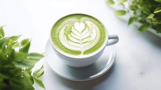 Matcha latte en taza de cerámica con arte de corazón en la parte superior en una mesa blanca