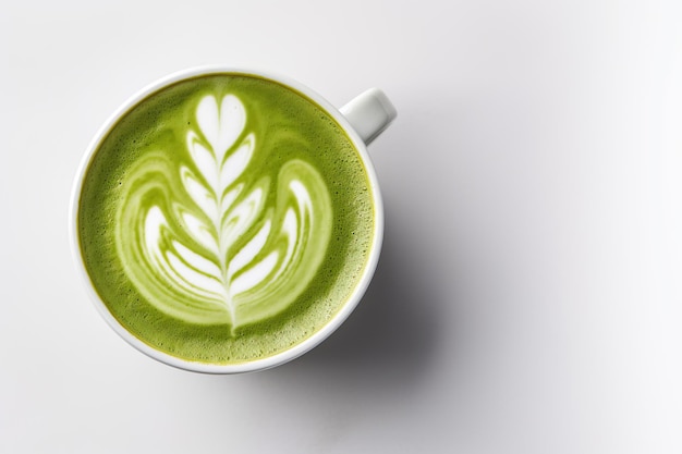 Matcha latte en taza sobre una mesa blanca capuchino verde con patrón de roseta