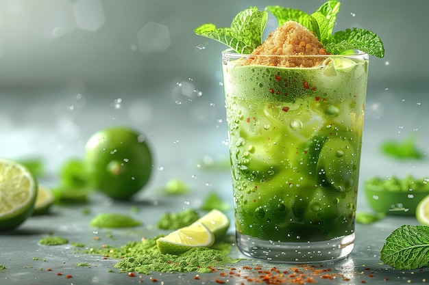 Foto matcha mojito combinación de jugo de limón hojas de menta agua gaseosa matcha polvo y un edulcorante para un toque en el mojito clásico