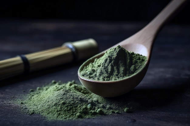 Matcha en polvo en cuchara de madera sobre estera de bambú IA generativa