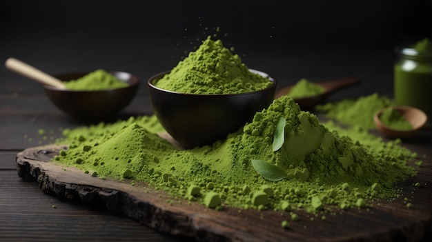 Matcha-Pulver auf einem Holztisch