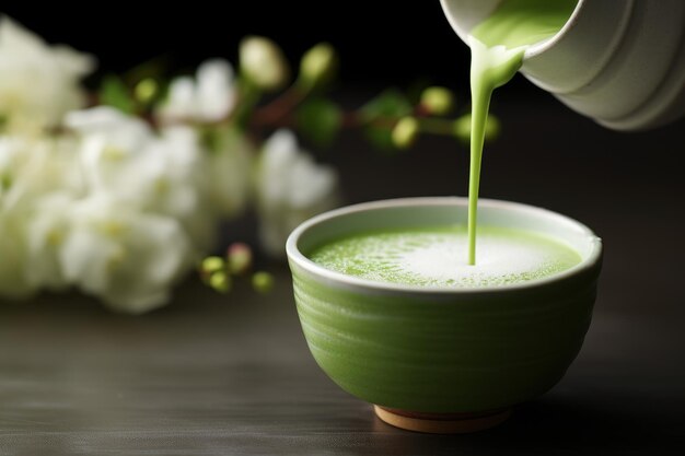 Matcha-Tee in einen Becher gegossen Holzlöffel generieren Ai