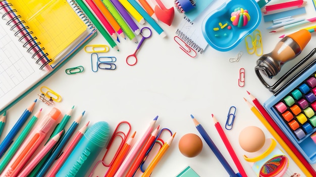 Materiais escolares coloridos dispostos em uma moldura em torno de um fundo branco