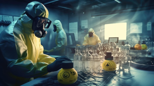 Materiais perigosos de risco biológico em frascos de laboratório com médicos em equipamento de proteção amarelo