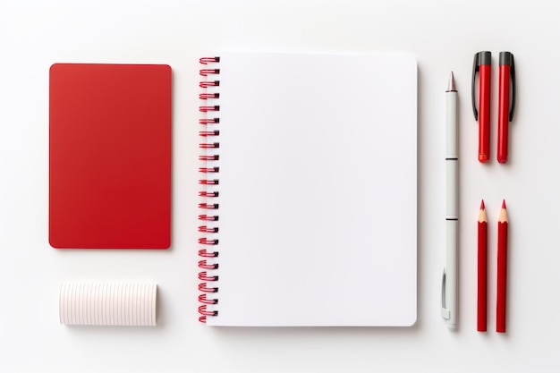 Material de escritório essencial Notebooks canetas e mais sobre um fundo branco ar 32