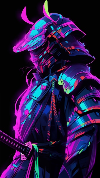 Foto material de ilustração de samurai japonês de estilo neon de desenho animado usando armadura