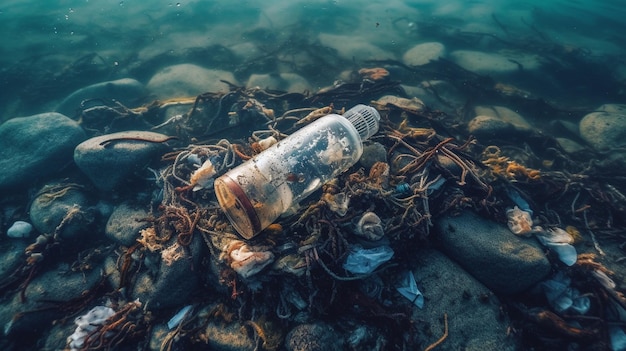 Foto material de desecho en la superficie del mar