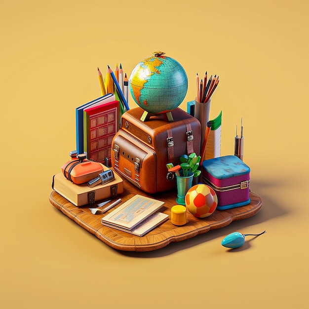 Material escolar e globo em uma ilustração 3D de bandeja de madeira