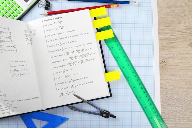 Material escolar e livro didático de matemática de perto