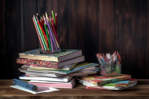 Material escolar, incluindo livros e cadernos, empilhados sobre uma mesa de madeira criada com IA generativa