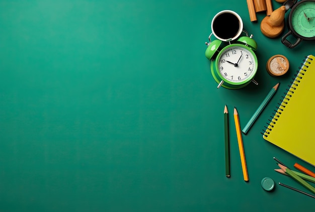 Material escolar na mesa Conceito de retorno à escola Vista superior com espaço para cópias