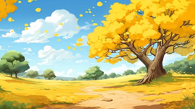 Material de ilustración de árbol de ginkgo de otoño de dibujos animados dibujados a mano