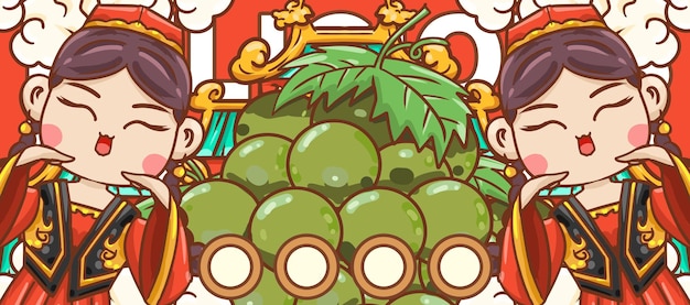 Material original de cartón animado dibujado a mano para carteles ilustrados de uvas