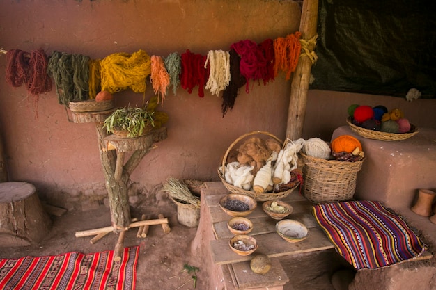 Material para produção de artesanato têxtil em comunidade indígena no Peru.