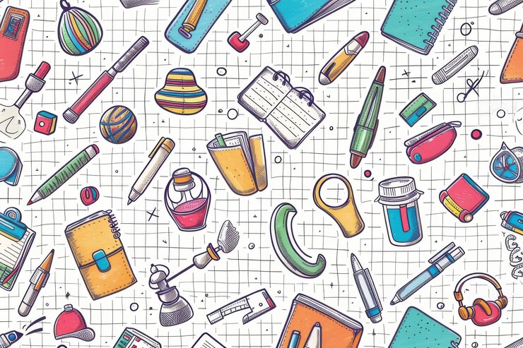 Materiales escolares coloridos dispuestos sobre un fondo blanco con dibujos y dibujos lúdicos en varios colores