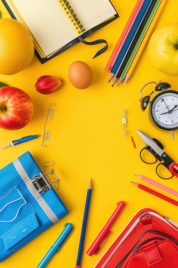 Materiales escolares coloridos en un fondo amarillo perfectos para temas escolares y entornos educativos