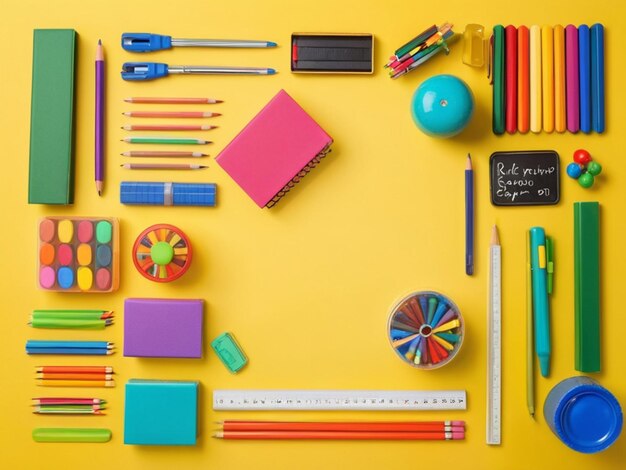 Materiales escolares coloridos en un fondo amarillo de vuelta al concepto de la escuela vista superior