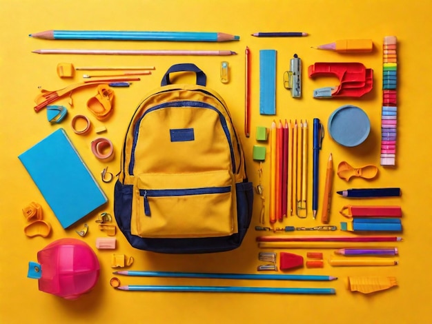 Materiales escolares coloridos en un fondo amarillo de vuelta al concepto de la escuela vista superior