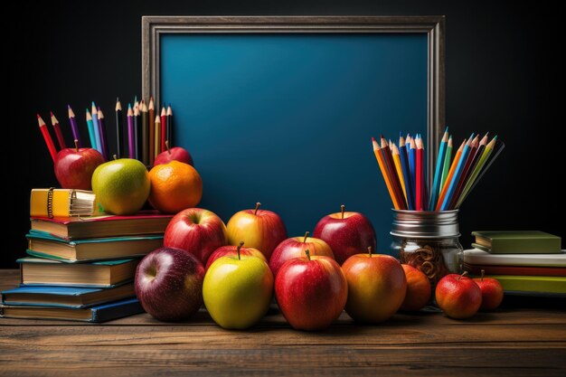 Materiales escolares para estudiantes Tabla de tiza lápices de colores y manzanas