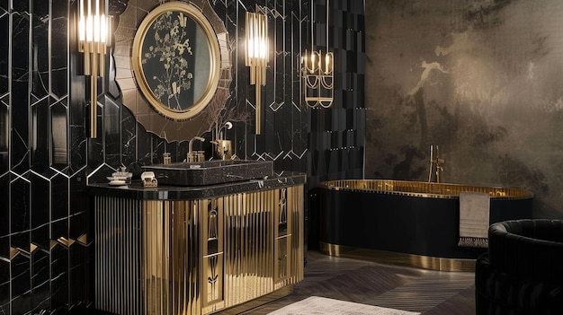Los materiales de lujo capturan el glamour de la era Art Deco en el baño Generative Ai