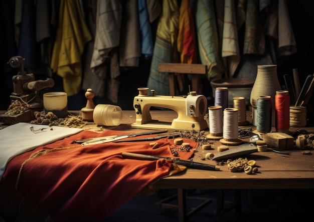 Materiales textiles y herramientas de costura en un banco de trabajo.